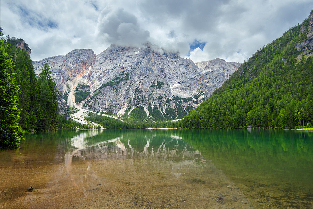 Reflection, Lago Di Braies, Lago Di Braies, Seekofel, Dolomites, Alps, Italy, Europe