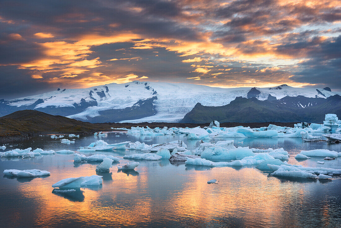 Sunset, Joekulsarlon, Glacier, Bay, Mountains, Iceland, Europe