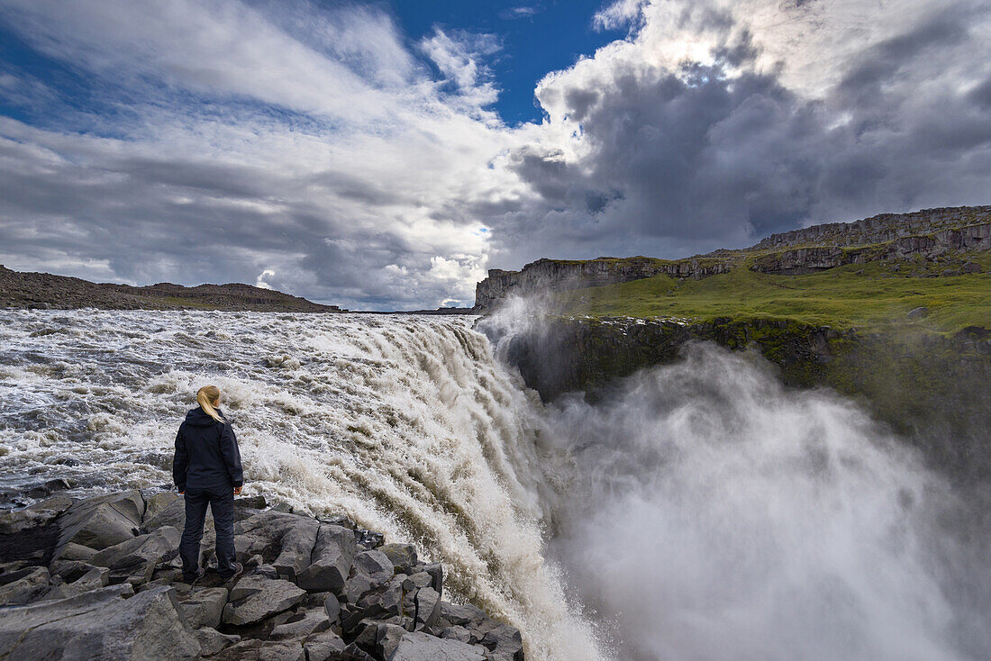 Waterfall, Dettifoss, Young Woman, Haze, Gorge, Iceland, Europe