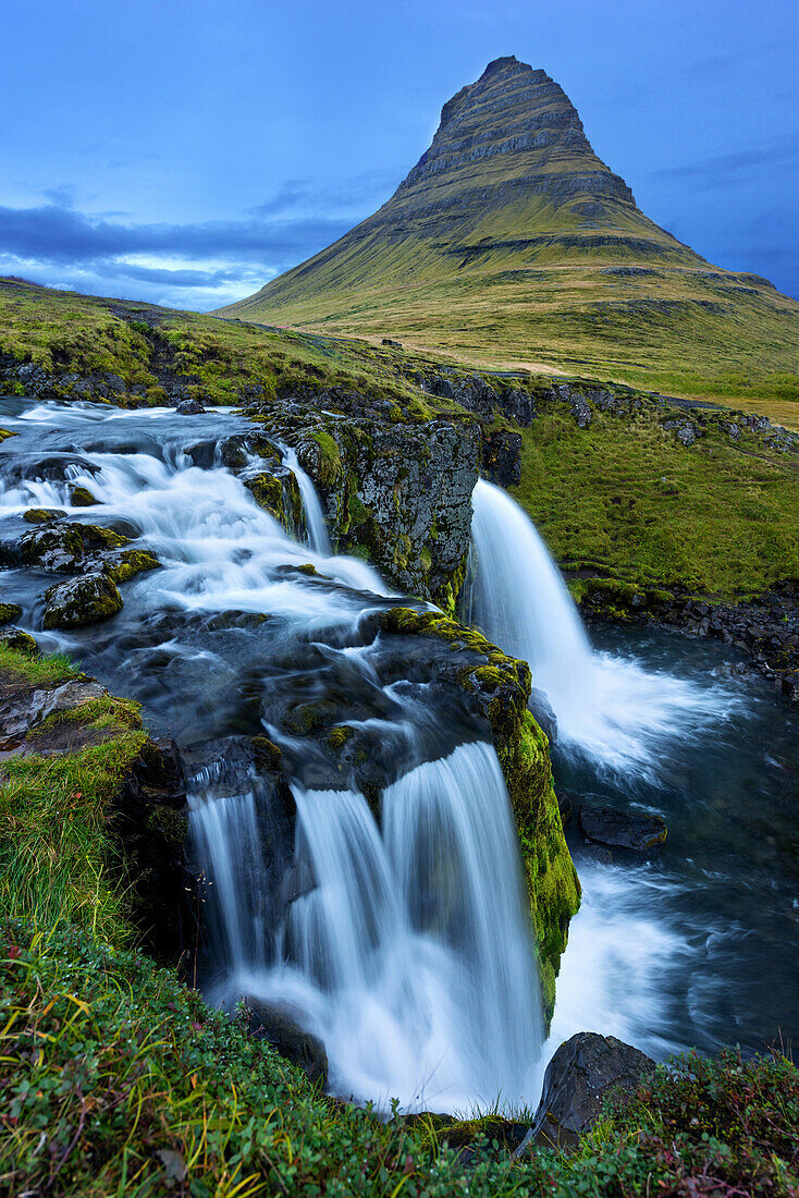 Blue Hour, Kirkjufellsfoss, Kirkjufell, Waterfall, Mountain, Iceland, Europe