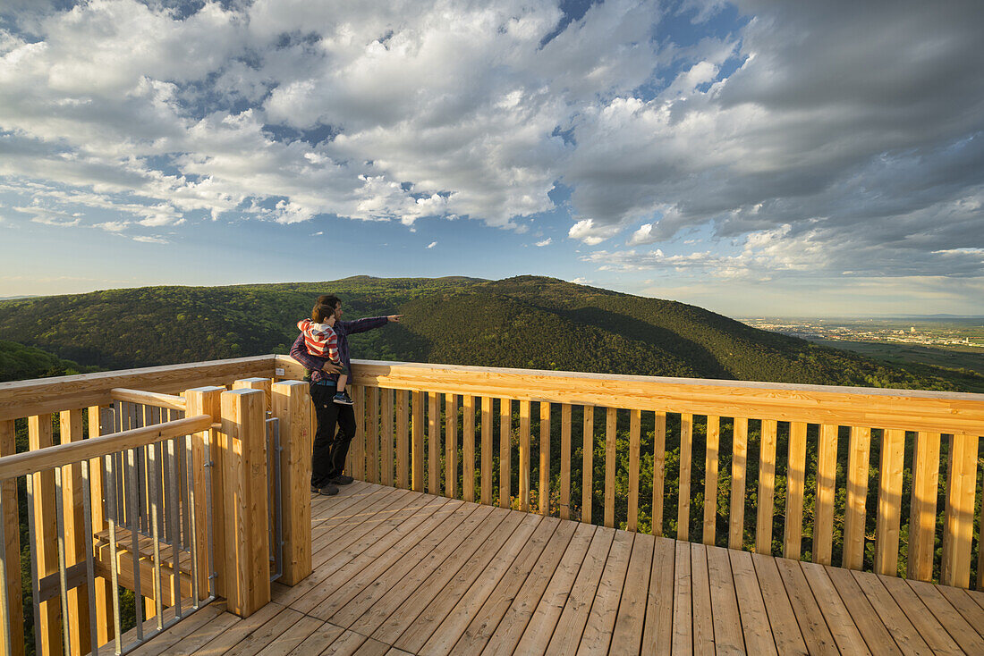 Man with toddler, Theresienwarte, Mitterberg, Baden near Vienna, Wienerwald, Industrieviertel, Lower Austria, Austria