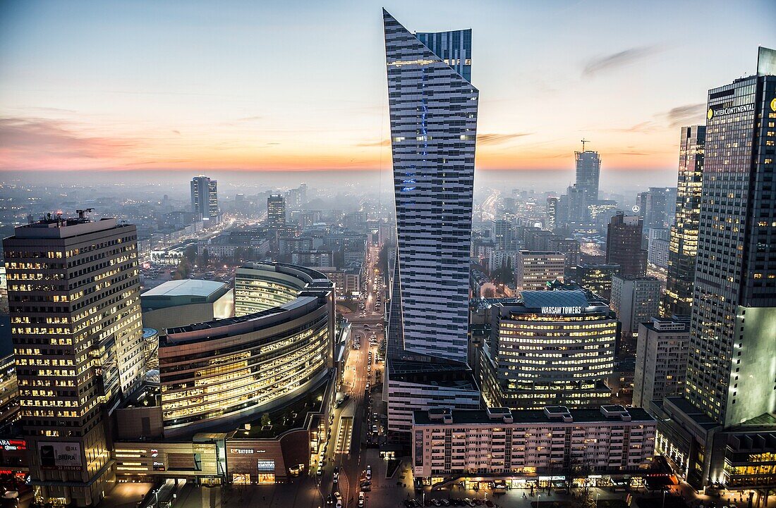 Warsaw, Poland. Aerial view with Golden Terraces shopping mall, Zlota 44 skyscraper, Warsaw Towers and InterContinental Hotel.