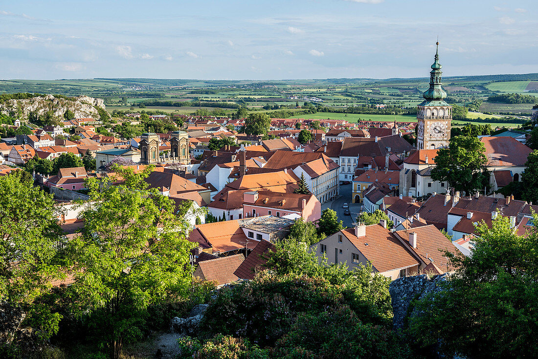 Aerial view from Goat Hill on Mikulov Old Town with clock and bell tower of Saint Wenceslas church, Moravia, Czech Republic