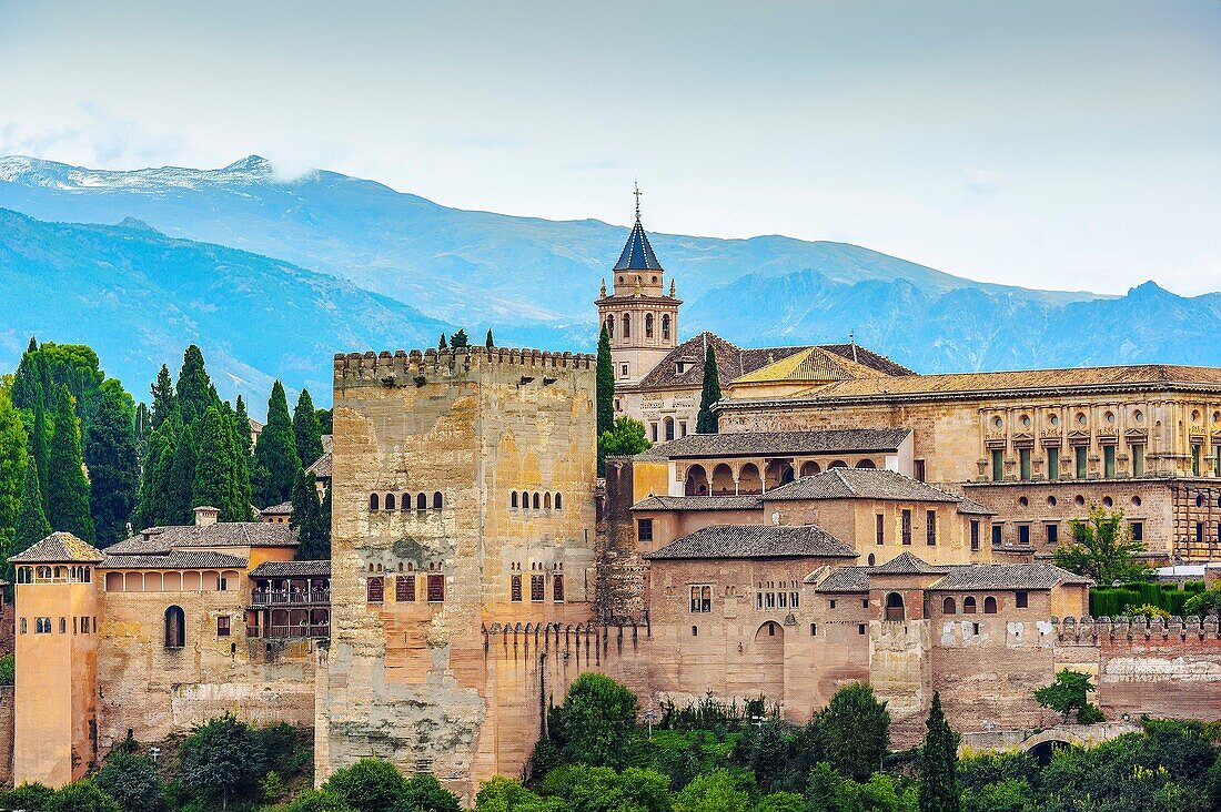 Alhambra in Granada and the mountain range, Andalusia, Spain.