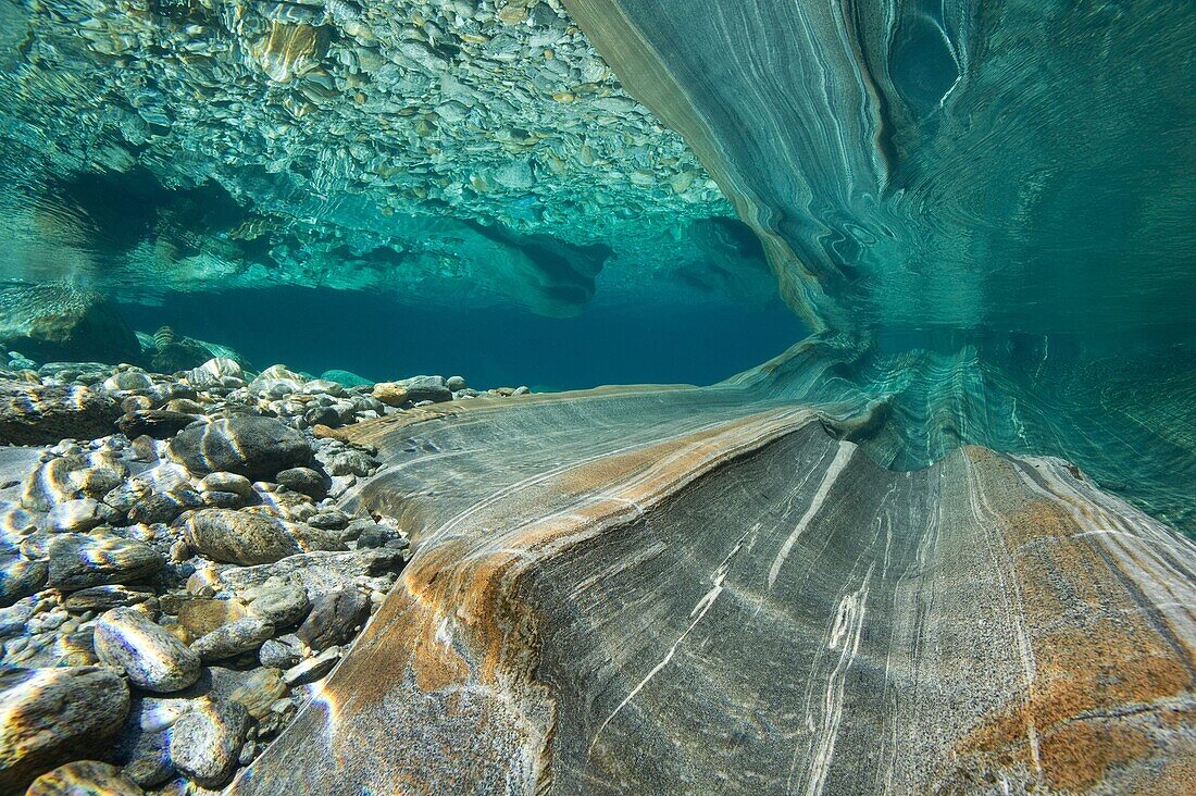 Underwaterlandscape from the river Verzasca, Lavertezzo, Valle Verzasca, Ticino, Switzerland.