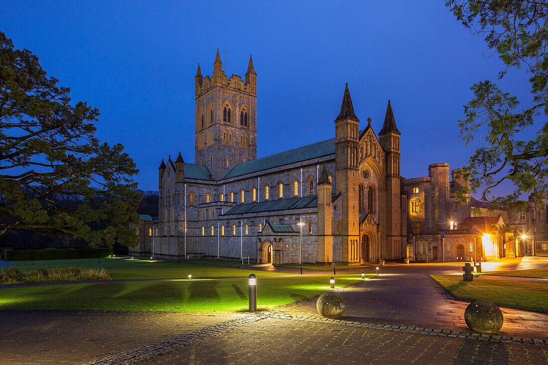 Winter evening at Buckfast Abbey, Buckfastleigh, Devon, England.