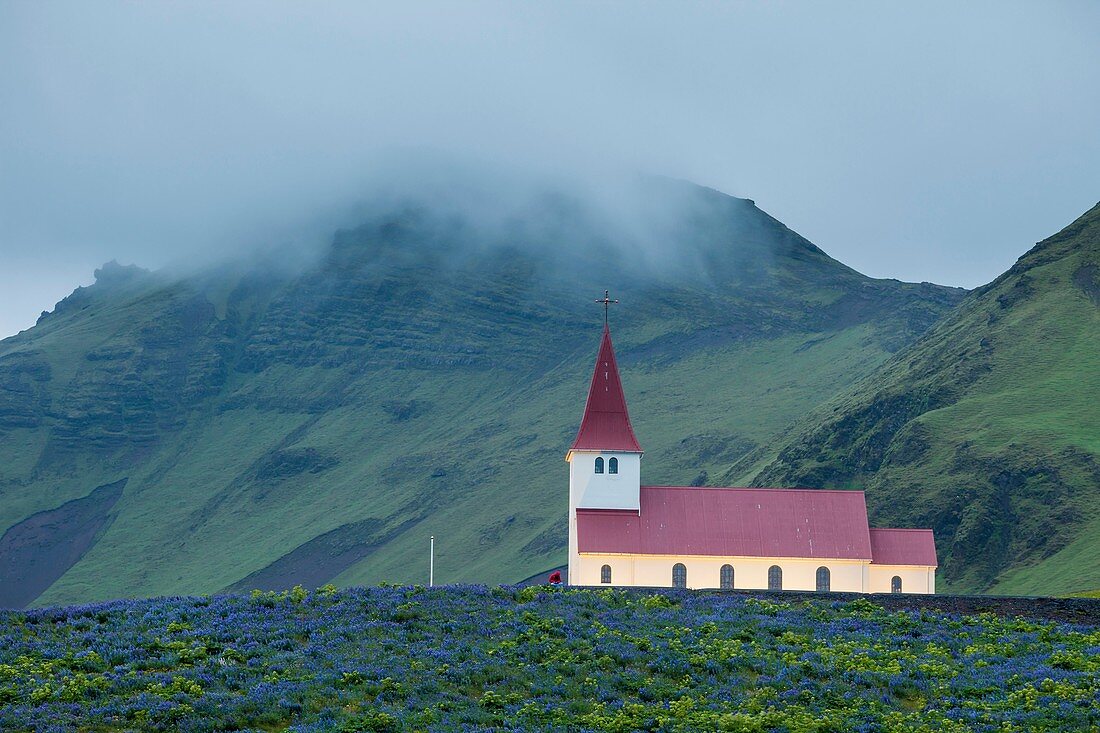 Evening at traditional Icelandic church in Vik, Iceland.