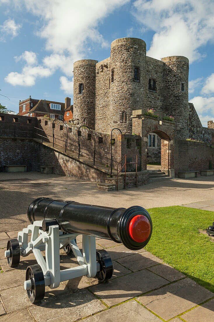 A cannon in front of Ypres Tower (aka Rye Castle) in Rye, East Sussex, England.