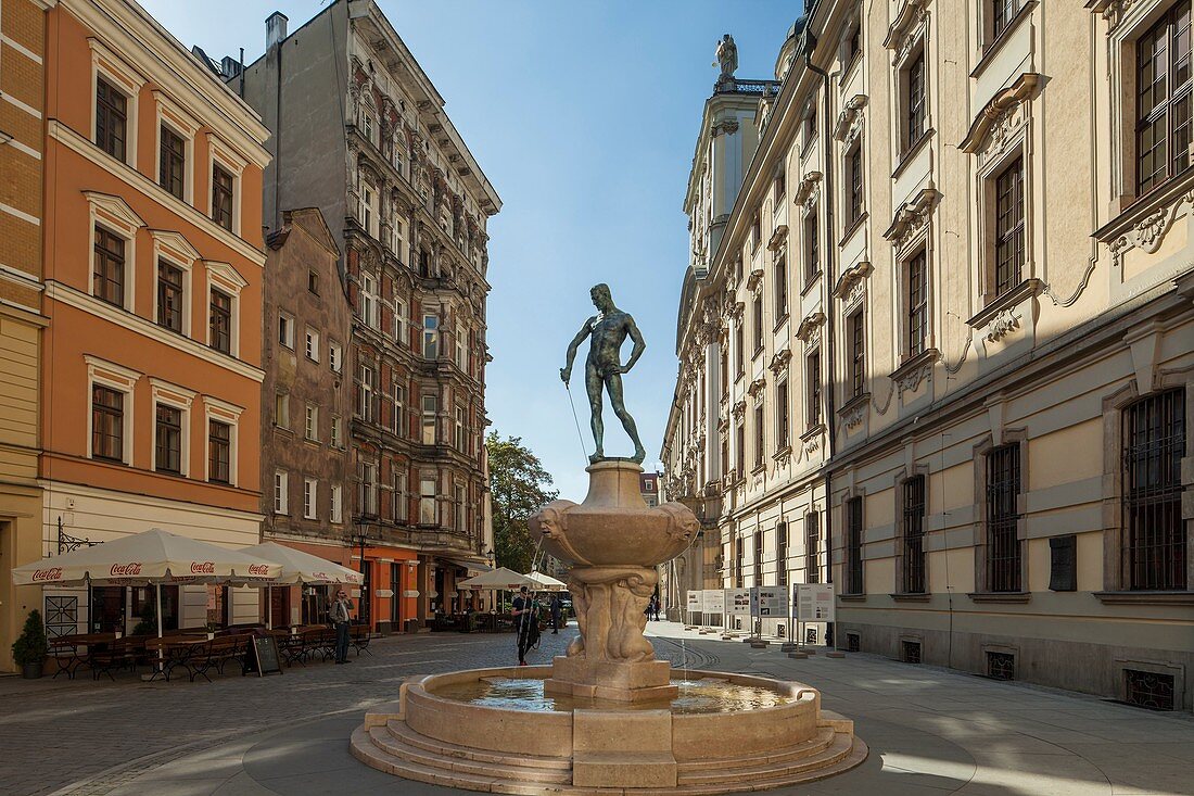 Naked swordsman statue on University Square, Wroclaw old town, Lower Silesia, Poland.