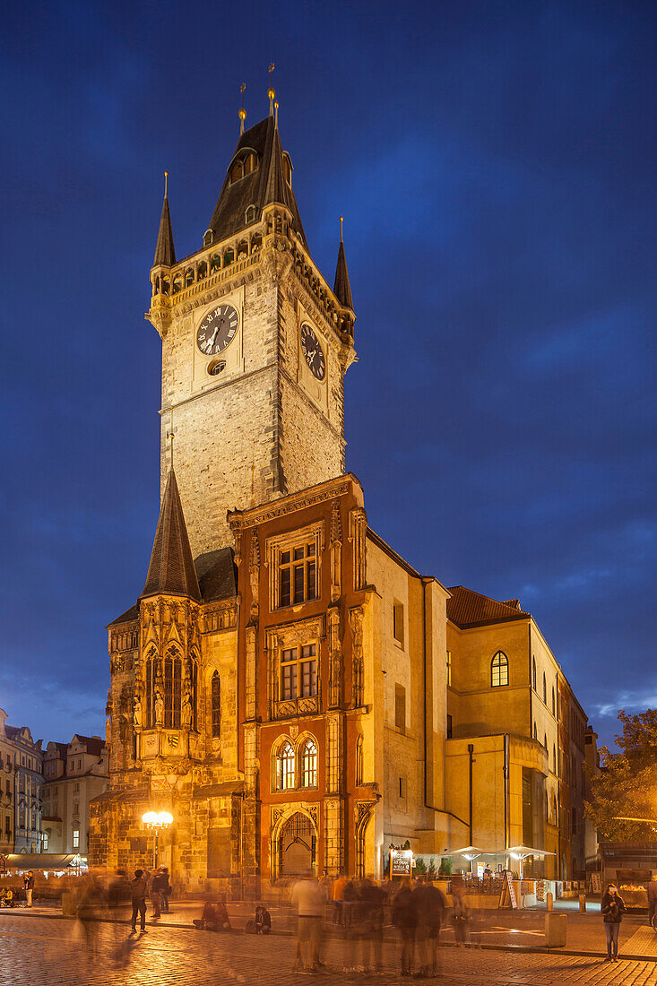 Night falls on old town square in Prague, Czech Republic.