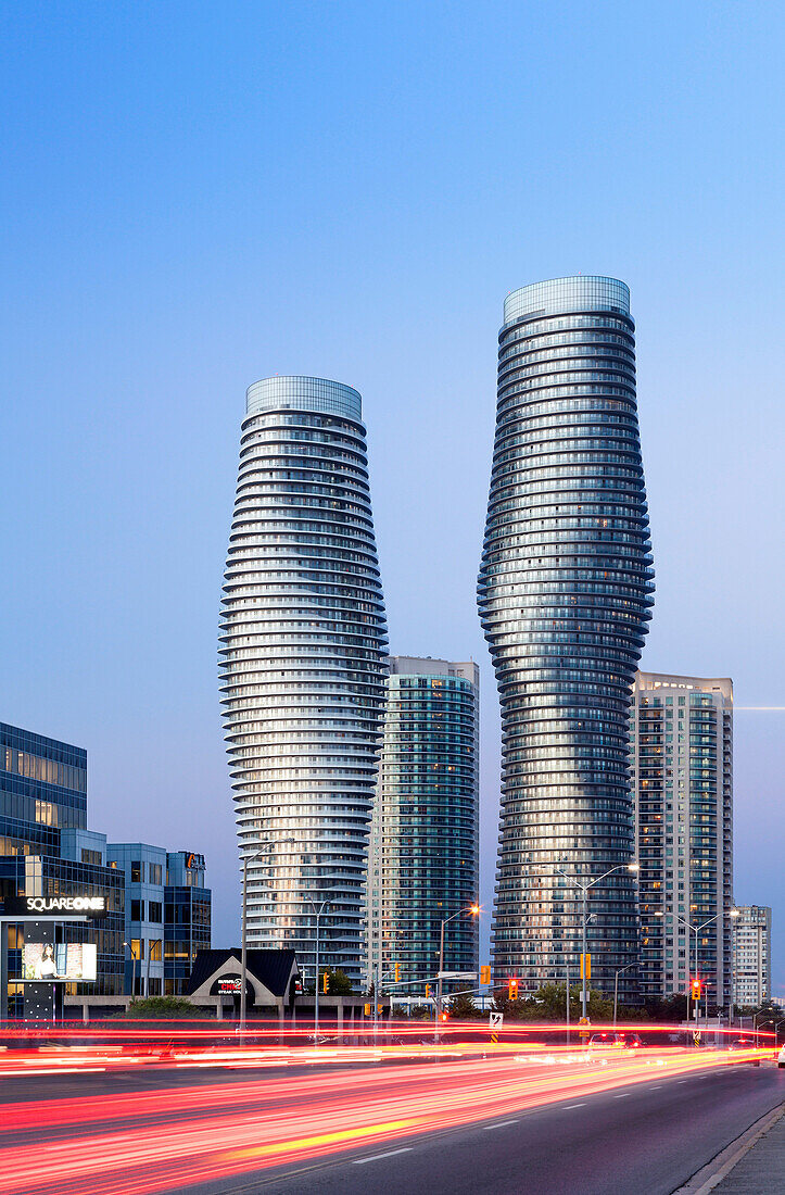 Absolute World Towers 4 & 5 (The Marilyn Monroe Towers) at dusk. Mississauga, Peel Region, Ontario, Canada.