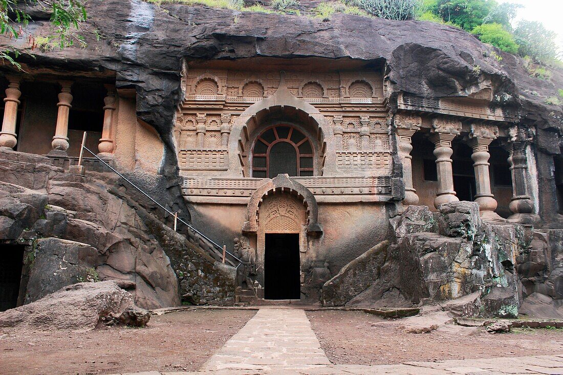 Cave 18 : Façade of chaitya of Pandavleni Cave. Contains beautiful carvings and stupa. Nasik, Maharashtra, India. Inscription on two pillars tells that Chaitya was built by Bhattapalika, wife of the Royal Officer Aghetyana.