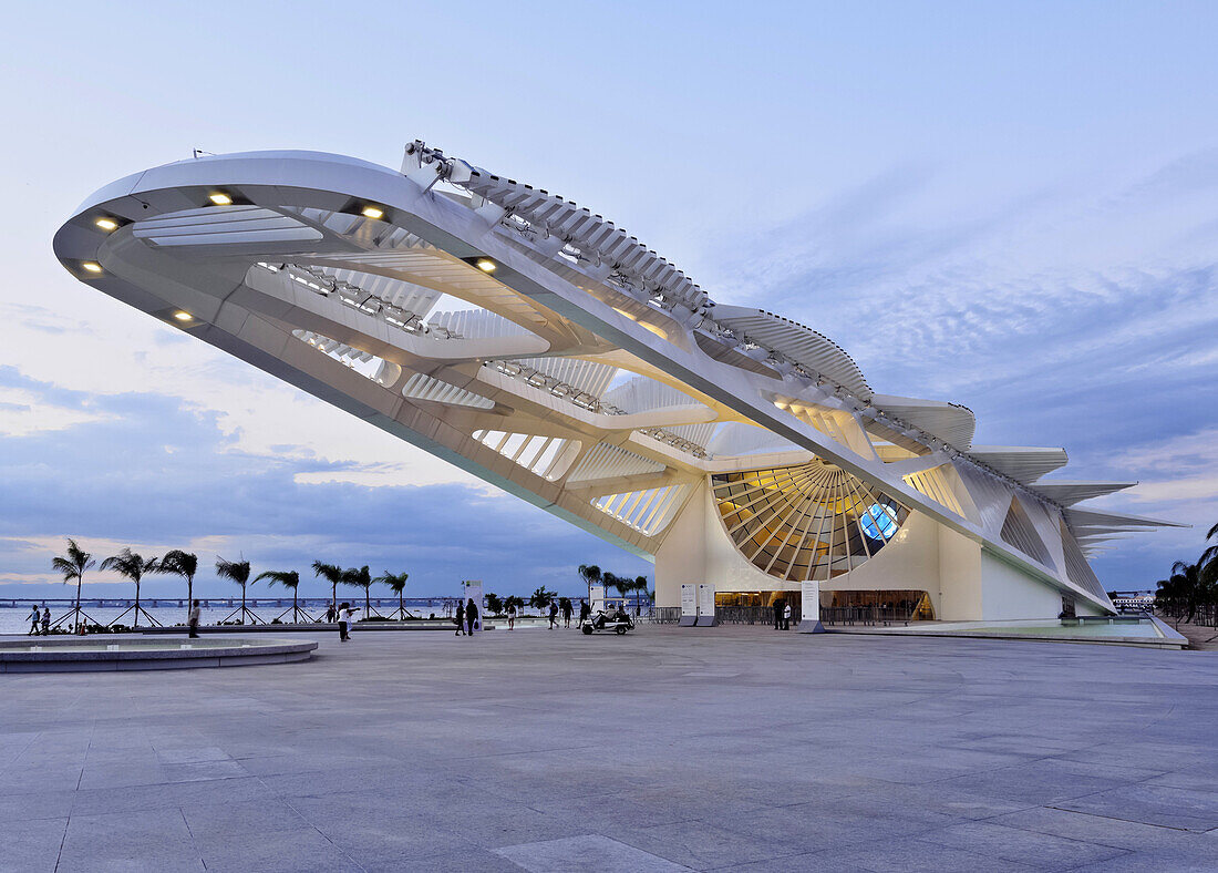 Brazil, City of Rio de Janeiro, Praca Maua, Twilight view of the Museum of Tomorrow(Museu do Amanha) by Santiago Calatrava.