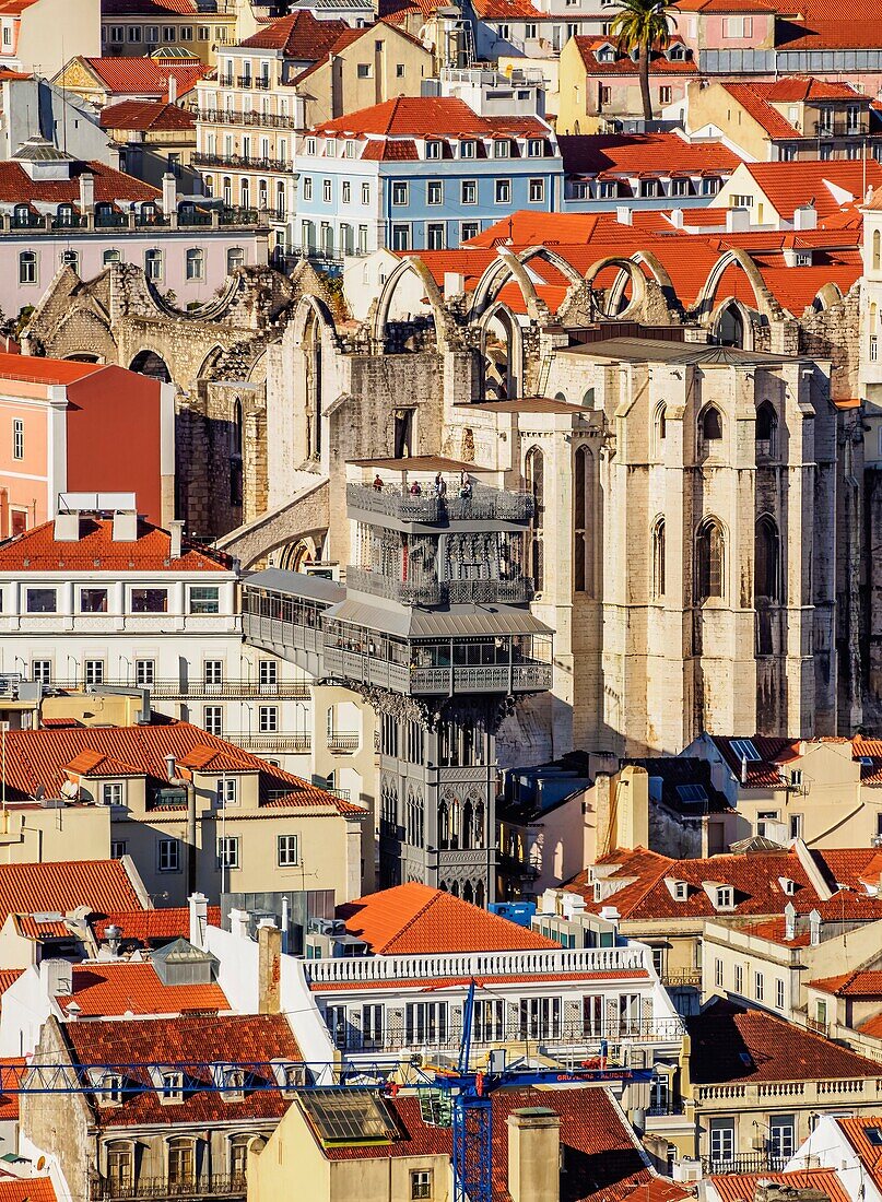 Portugal, Lisbon, Elevated view of the Santa Justa Lift and Carmo Convent.