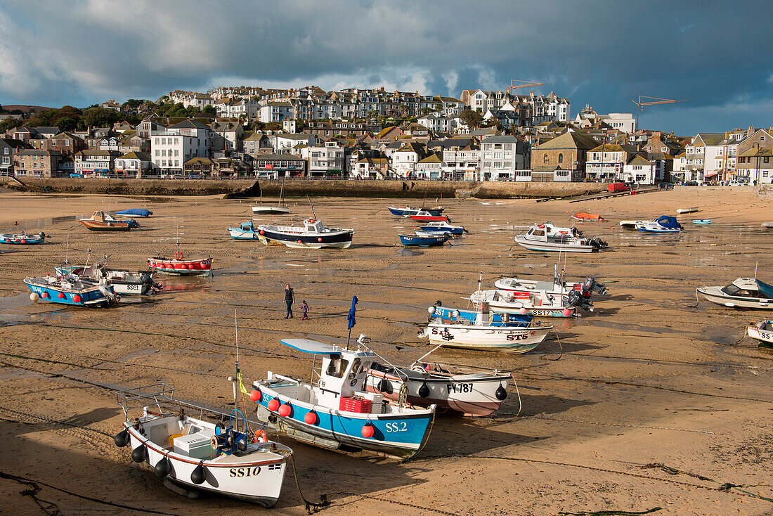 Fishing boats rest on sand in harbor at low tide