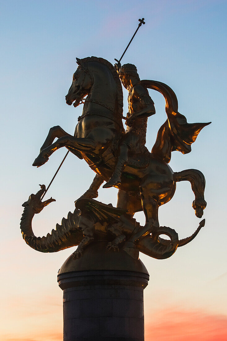 'Freedom Monument, commonly known as the St. George Statue, located on Freedom Square, at dawn; Tbilisi, Georgia'