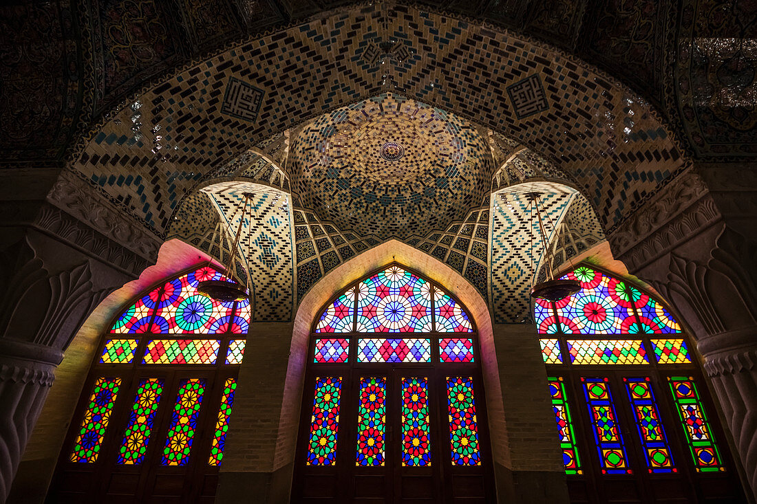 'Interior with stained glass windows of the Nasir ol Molk Mosque; Shiraz, Fars Province, Iran'