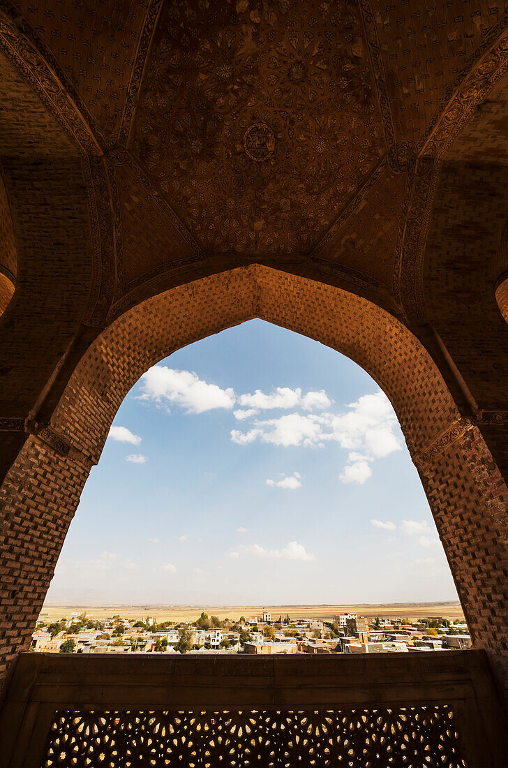 'Arch with decorated bricks on the open-air gallery on the third floor of the Dome of Soltaniyeh; Soltaniyeh, Zanjan, Iran'