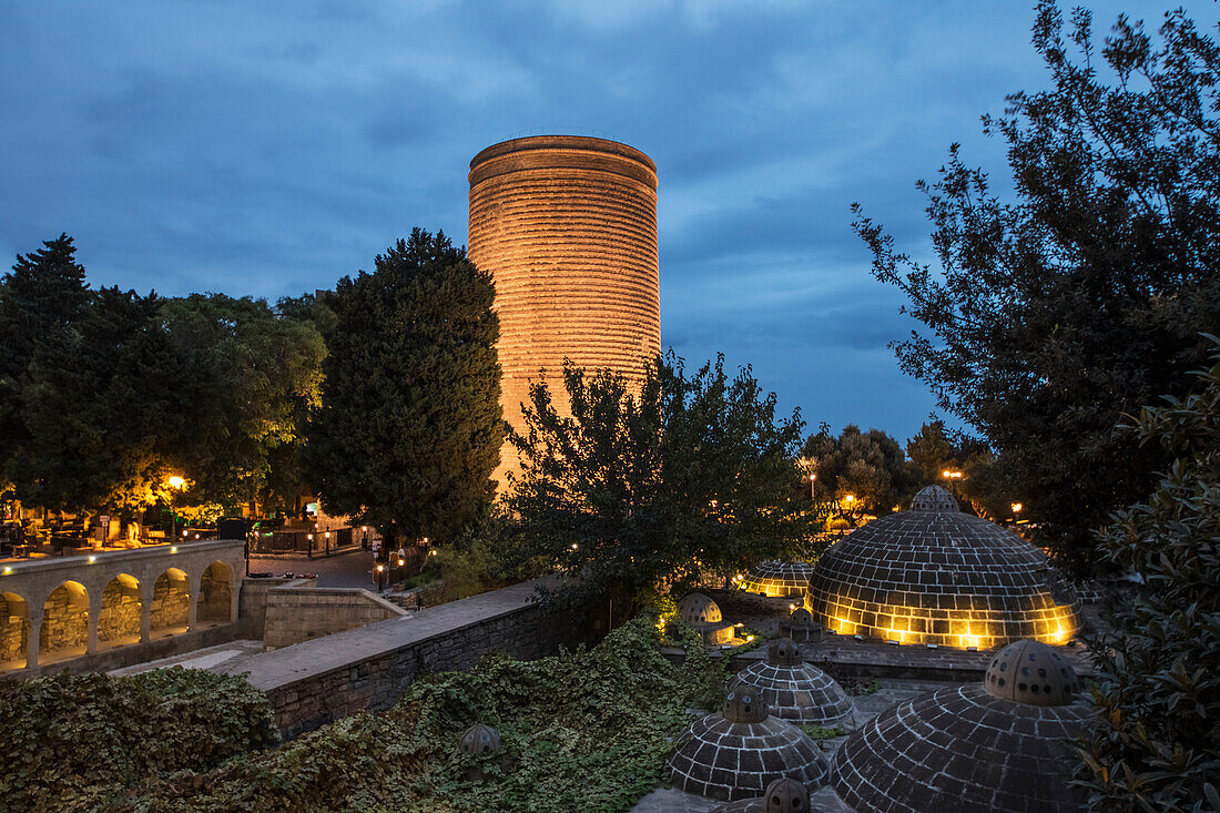 'Hajji Gayyib bathhouse and Maiden Tower at night; Baku, Azerbaijan'