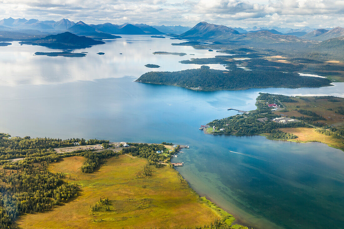 Aerial view of Lake Aleknagik, the Wood River Mountains in the background, and the village of Aleknagik, Wood Tikchik State Park, Southwestern Alaska, USA, Summer