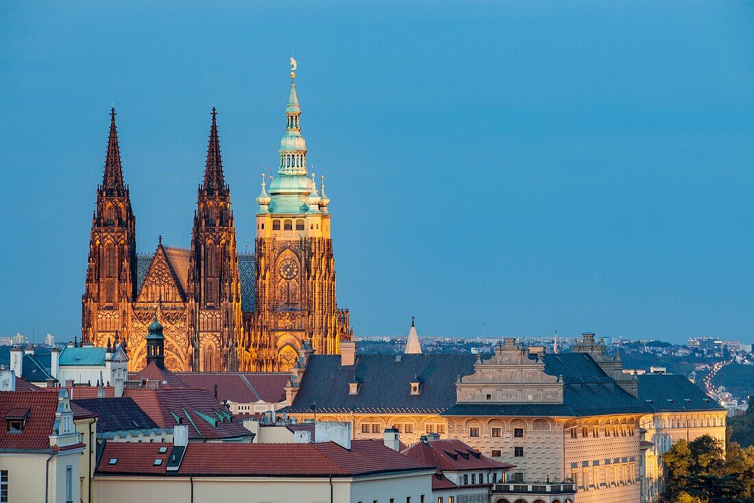 Evening at Hradcany, Prague, Czech Republic. St Vitus cathedral dominates the skyline.