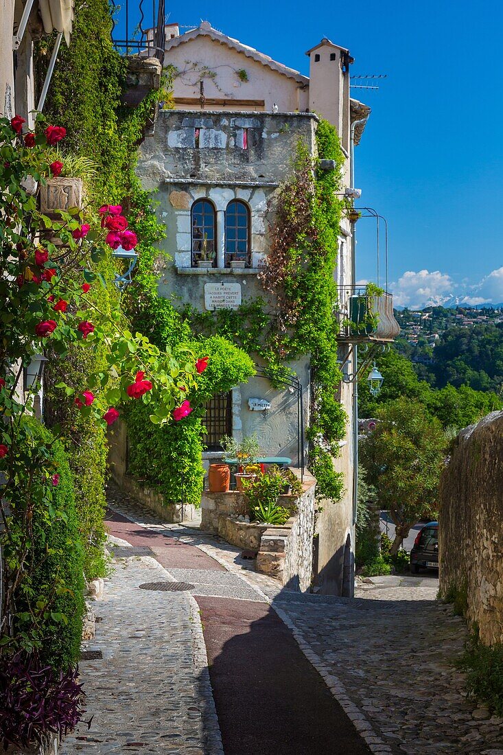 'Straße in Saint Paul de Vence in Südfrankreich .-----. Saint-Paul oder Saint-Paul-de-Vence ist eine Gemeinde im Departement Alpes-Maritimes im Südosten Frankreichs. Eine der ältesten mittelalterlichen Städte an der französischen Riviera, ist bekannt für 