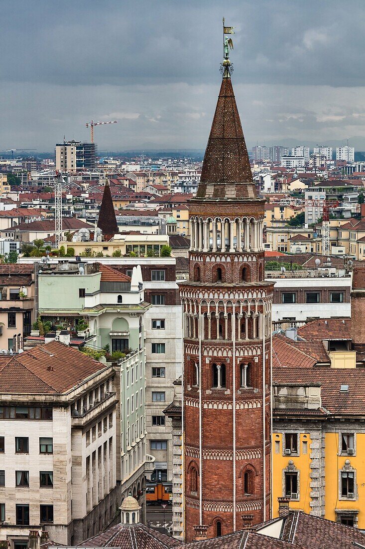 San Gottardo in Corte church belfry, View from the roof of Cathedral, Duomo, Milan, Lombardy, Italy.