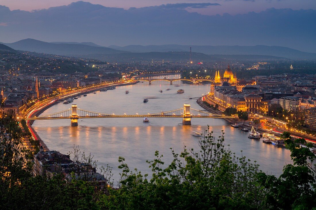 Panoramic views of Budapest from Gellert hill, Hungary.