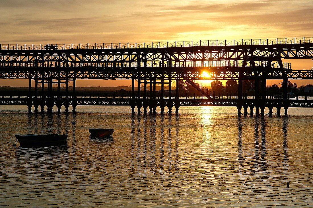 Mineral pier of Riotinto Company in the Odiel river at dusk, Huelva, Region of Andalusia, Spain, Europe.