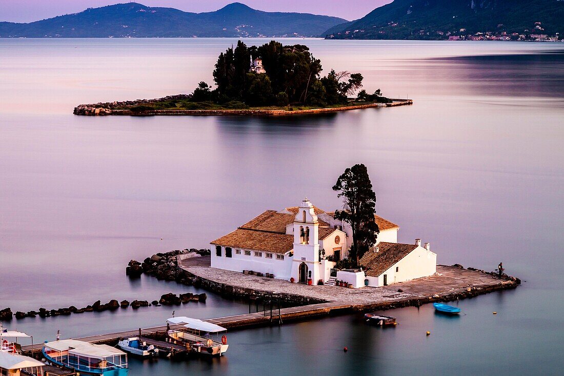 Vlacherna Monastery and Mouse island, Kanoni, Corfu, Greece.