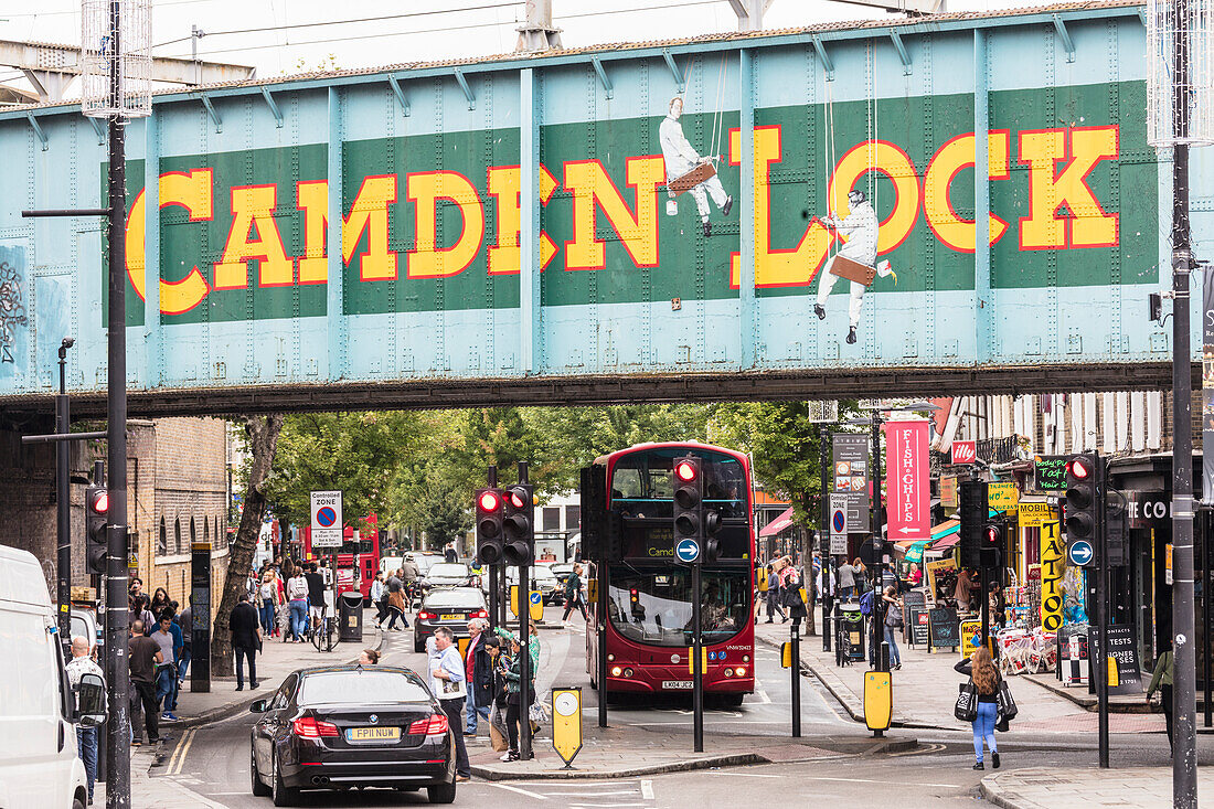 Double decker bus on the shopping streets of Camden Lock Market, North West Londo, London, England, United Kingdom, Europe