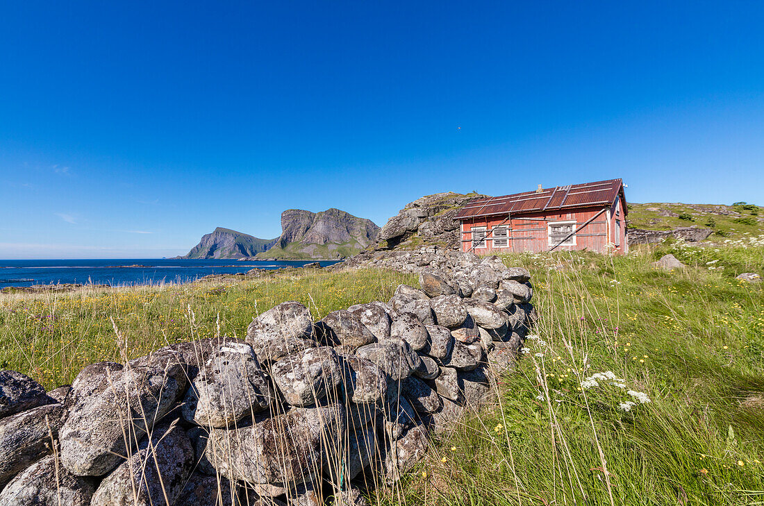 House of fishermen called rorbu surrounded by sea, Sorland, Vaeroy Island, Nordland county, Lofoten archipelago, Norway, Scandinavia, Europe