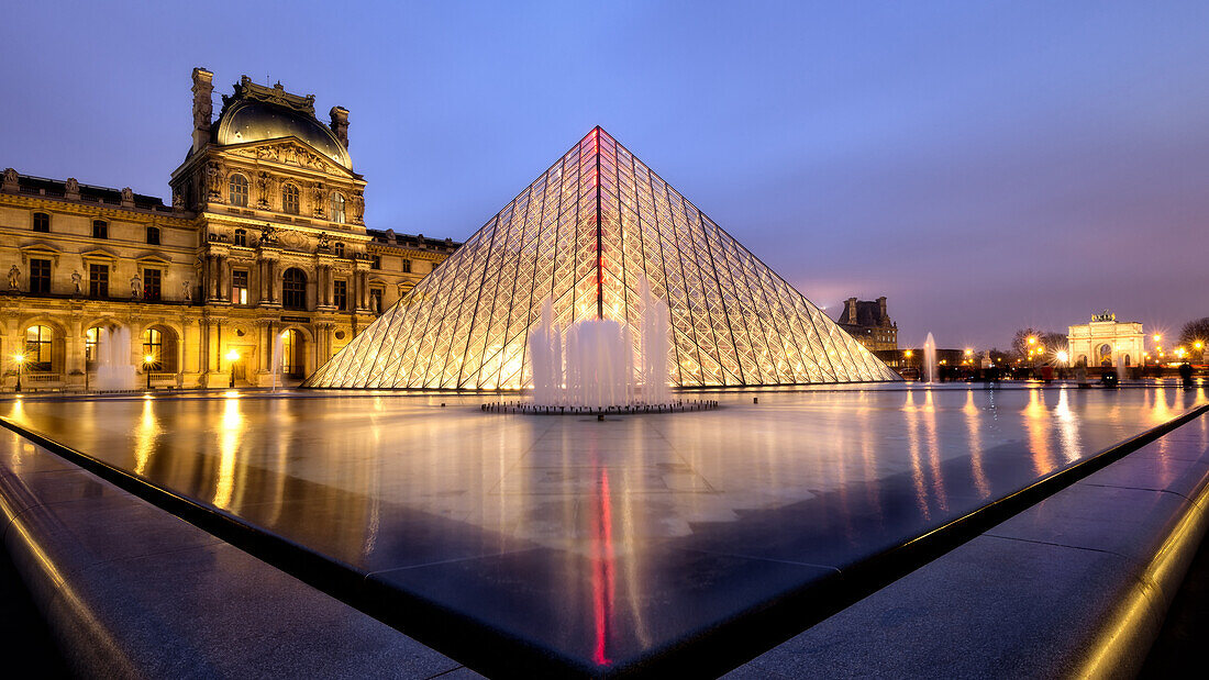 Louvre and Pyramide at dusk, Paris, France, Europe