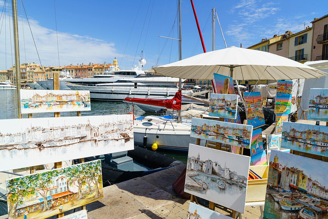 Art for sale by the harbour, Saint Tropez, Var, Cote d'Azur, Provence, French Riviera, France, Mediterranean, Europe