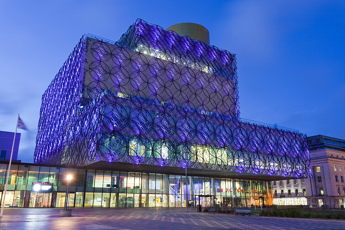 The Library of Birmingham, illuminated at night, Centenary Square, Birmingham, West Midlands, England, United Kingdom, Europe