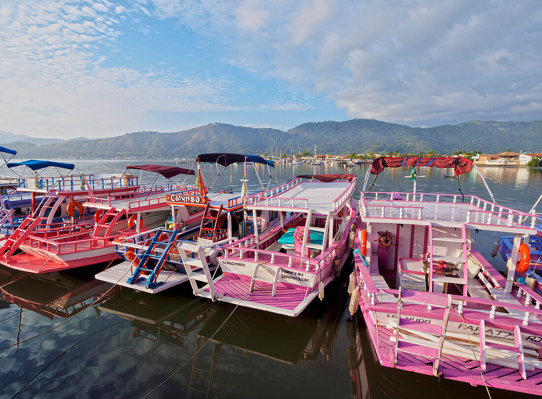 View of the colourful boats in Paraty, State of Rio de Janeiro, Brazil, South America