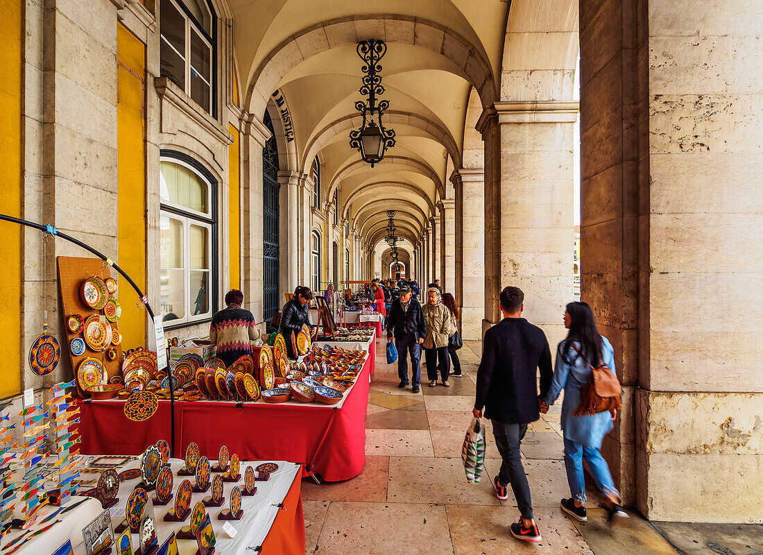 Market under Arcades of the Praca do Comercio, Lisbon, Portugal, Europe