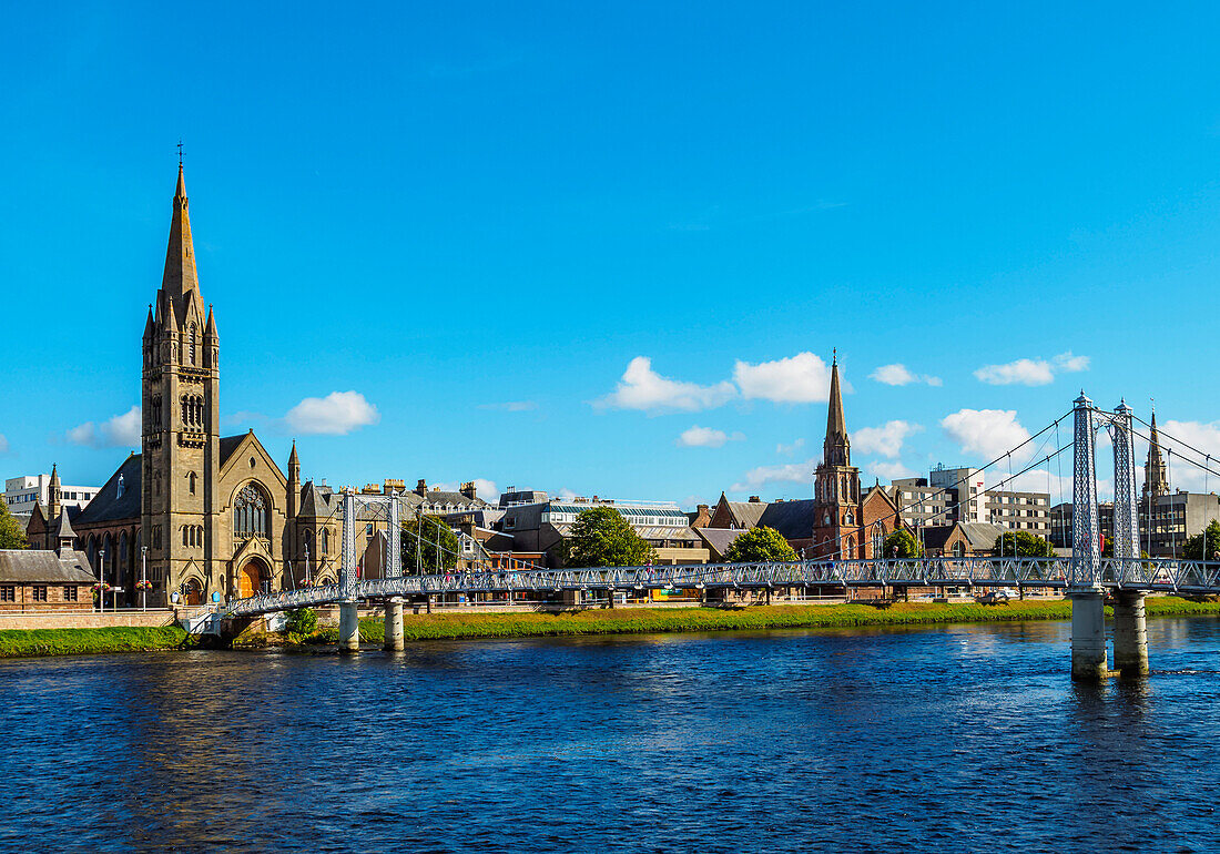 View of the Greig Street Bridge and the Free North Church, Inverness, Highlands, Scotland, United Kingdom, Europe
