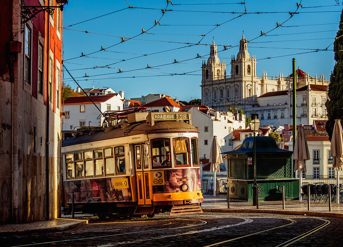 Tram number 28 in Alfama, Lisbon, Portugal, Europe