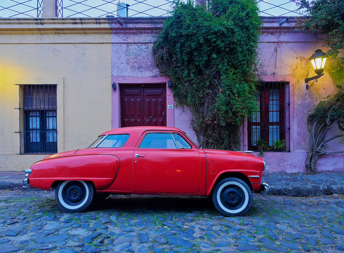 Vintage Studebaker car on a cobblestone lane of the historic quarter, Colonia del Sacramento, Colonia Department, Uruguay, South America