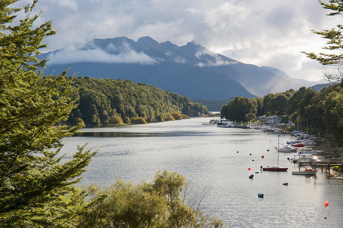 View across Pearl Harbour on Lake Manapouri, Manapouri, Fiordland National Park, UNESCO World Heritage Site, Southland, South Island, New Zealand, Pacific