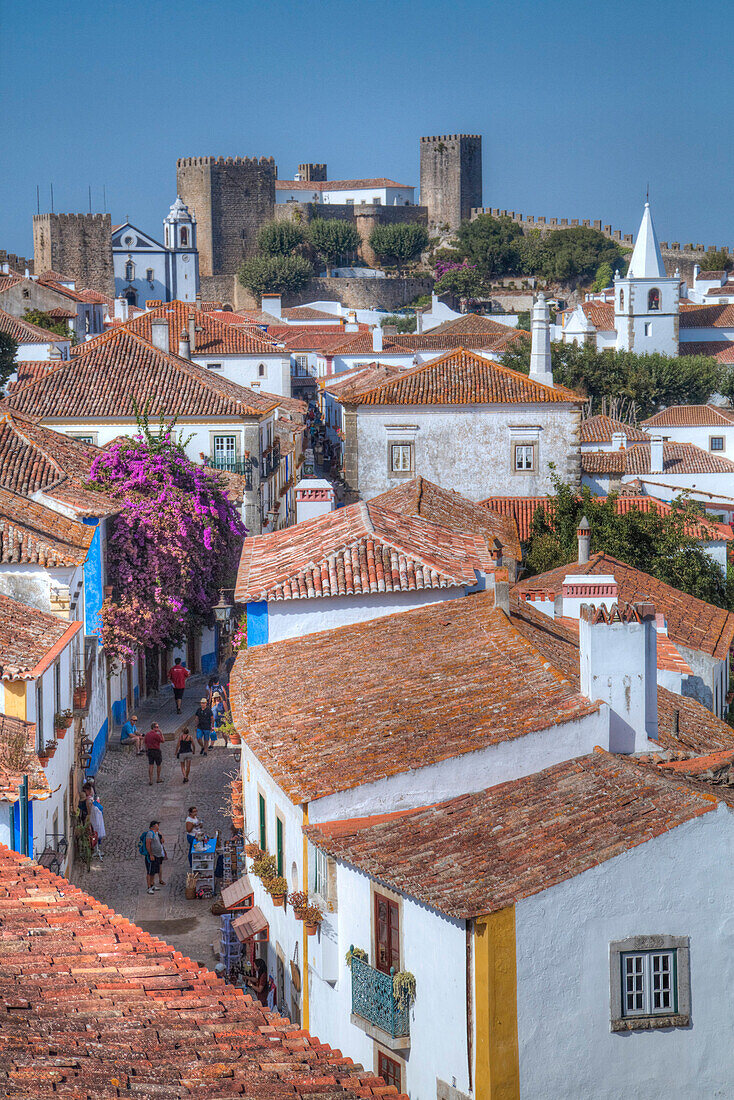 City overview with Medieval Castle in the background, Obidos, Portugal, Europe