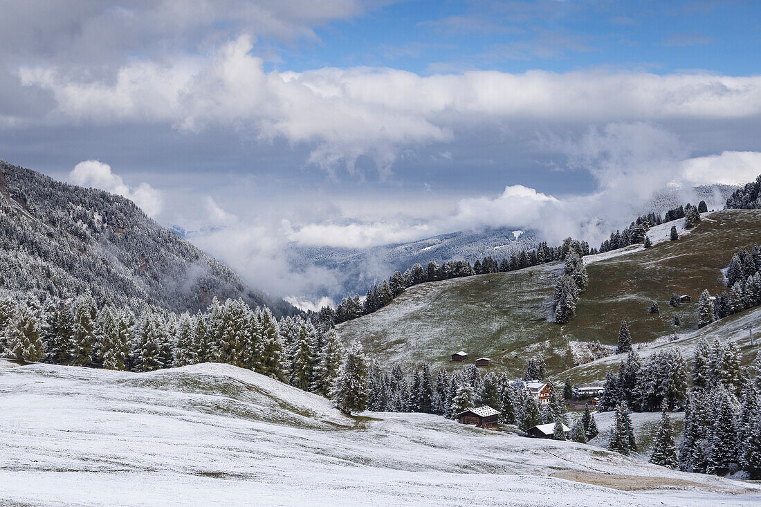 Early snow near to the Alpe di Siusi in the Dolomites, Trentinto-Alto Adige/South Tyrol, Italy, Europe