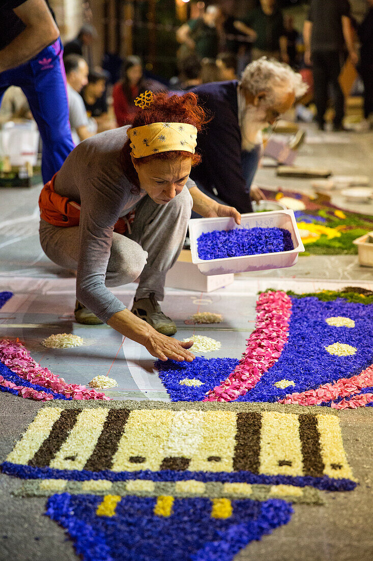 Europe, Umbria, italy, Perugia district, Spello, Artistic sacred figures realized with flowers on the occasion of the Corpus Christi