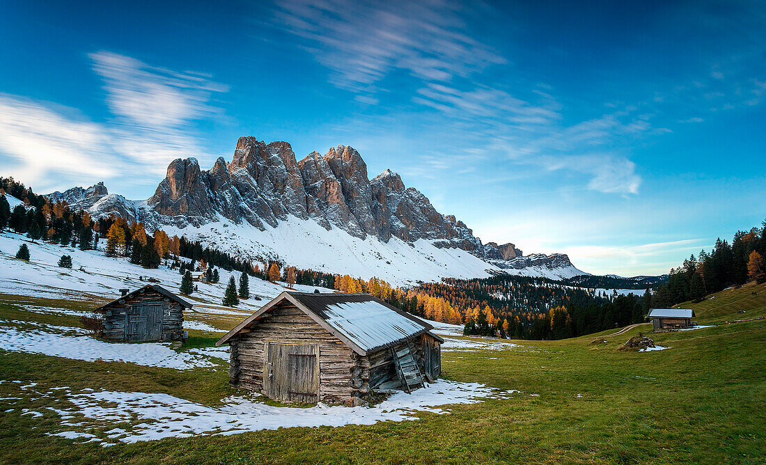 Puez, Odle Natural Park, Trentino Alto Adige, Italy, Huts, Trees and Mountains