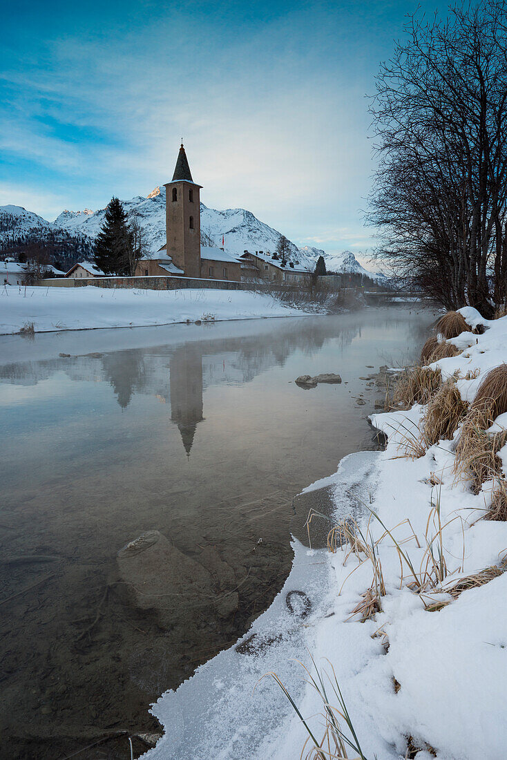 Sils, Engadine, Switzerland, The church of Sils at dawn