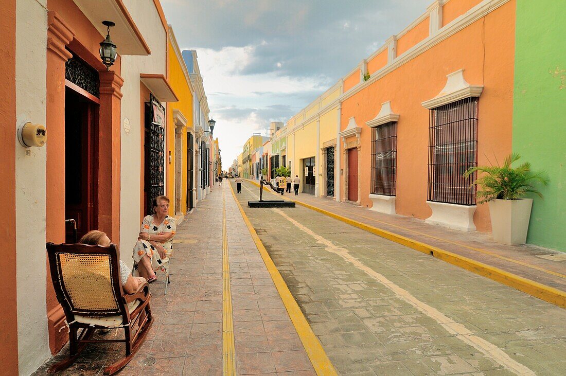 Tipical street of Campeche, Mexico, with many colors and quite life of the people around