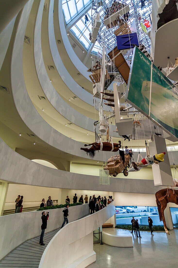 USA, New York State, New York City, Manhattan, Solomon R Guggenheim Museum, installation of Maurizio Cattelan