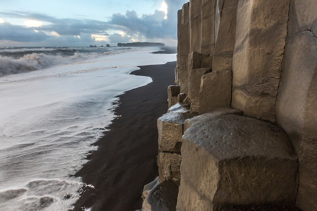 Rock formations at the beach of Reynisfjara, Vik, Sudurland, Iceland, Europe