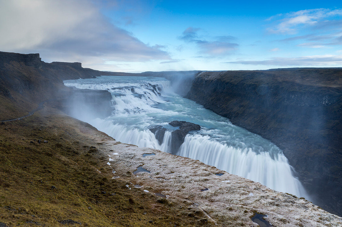 Landscape with waterfall and steam, Gullfoss, Southwest Iceland, Europe